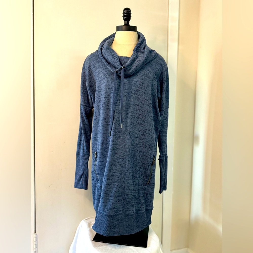 Athleta Sweatshirt Dress Women Size Medium Blue Heathered Cowl Neck Zip Pockets